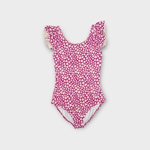 Mini Boden Ruffle Cap Sleeve White Heart Pattern Pink Swimsuit